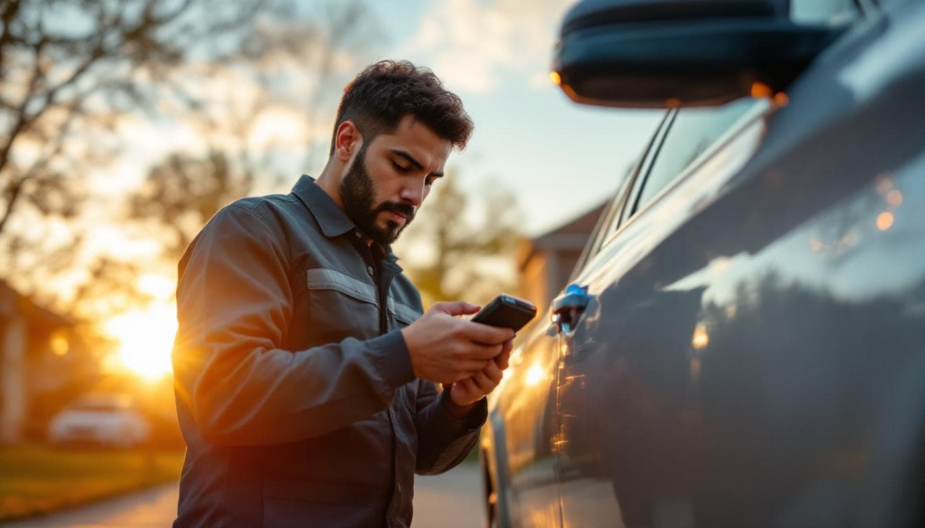 Cerrajero automotriz profesional programando llave inteligente en Fort Worth, Texas