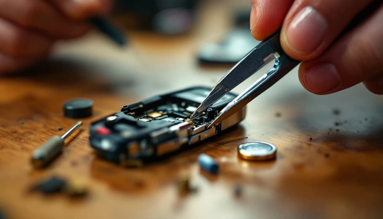 Manos abriendo el compartimento de batería de una llave inteligente de carro con un destornillador pequeño