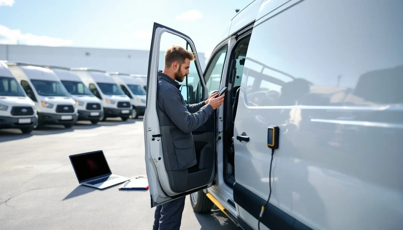 Cerrajero automotriz programando llaves para una flotilla de vans comerciales en un lote de Fort Worth