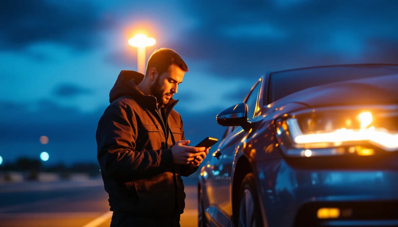Cerrajero móvil trabajando de noche junto a un carro con luces de la ciudad de Fort Worth al fondo