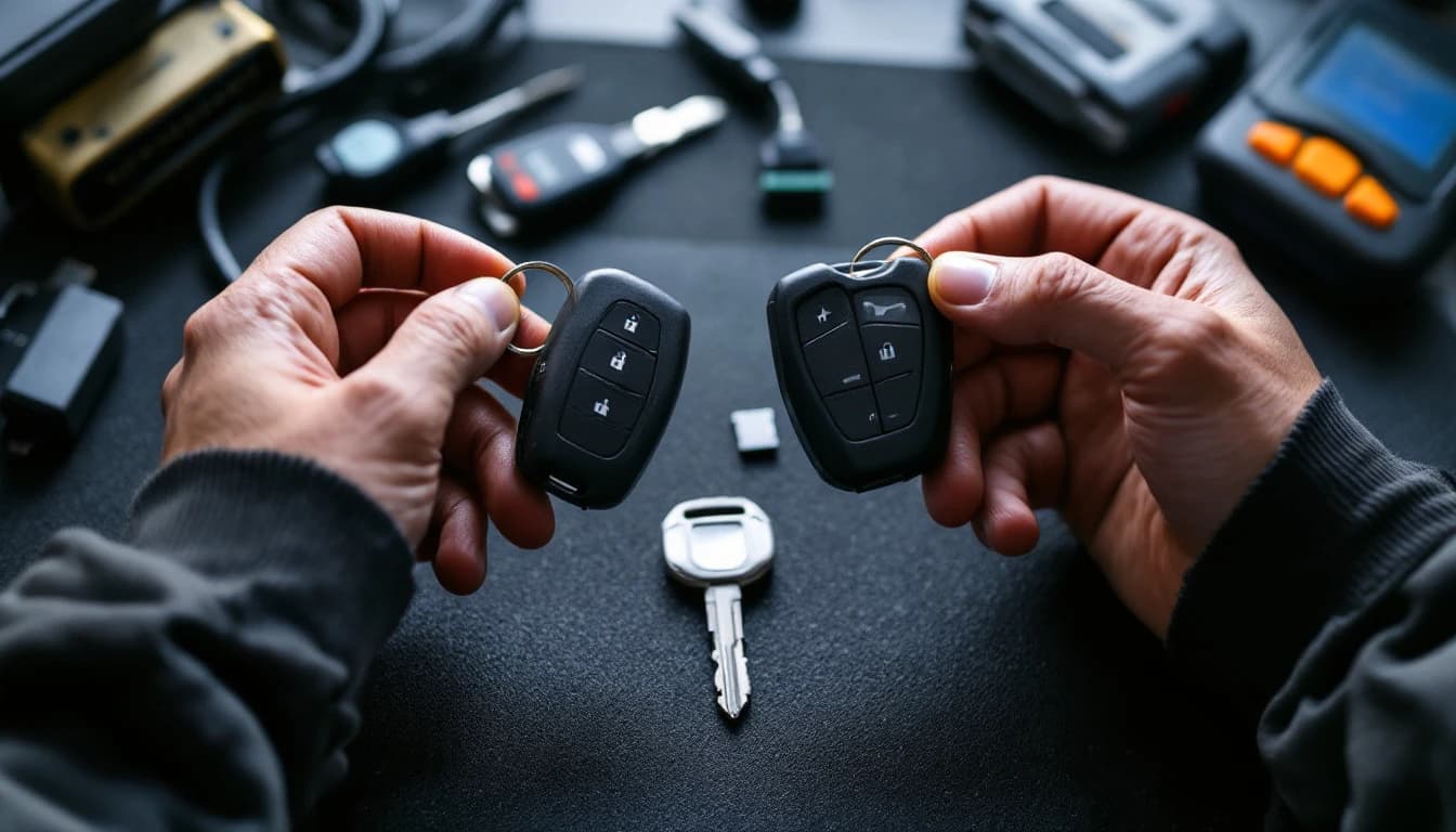 Cerrajero comparando una llave clonada y una llave programada por OBD para un carro en Fort Worth