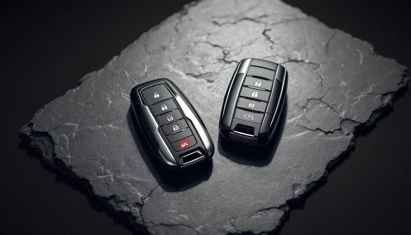 Dos fobs de carro, uno original OEM y uno aftermarket, comparados lado a lado en un taller móvil de Fort Worth