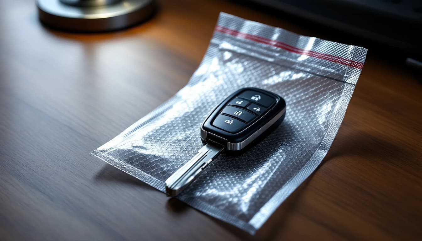 Fob de carro usado comprado por internet junto a un teléfono con una tienda online, en un taller móvil de Fort Worth
