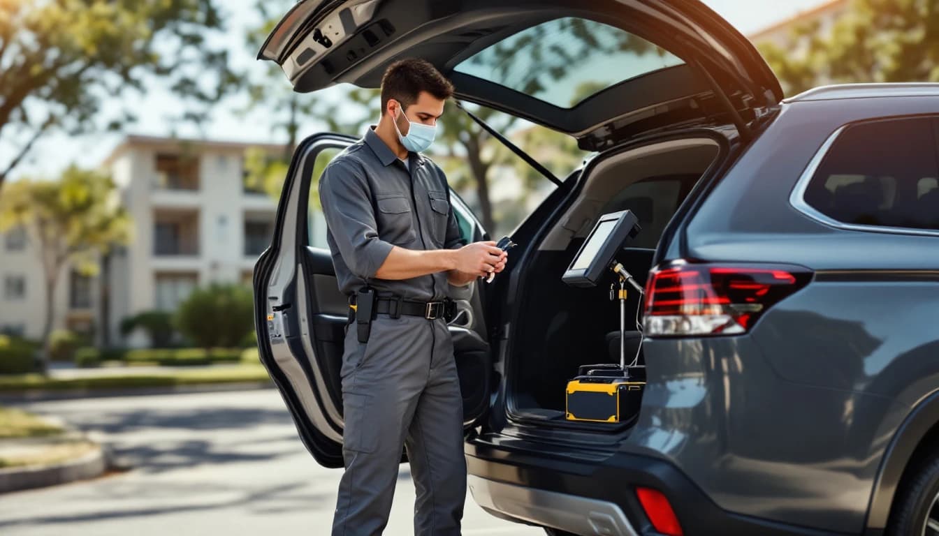 Cerrajero programando una llave Mitsubishi Outlander con equipo dealer-level en Fort Worth