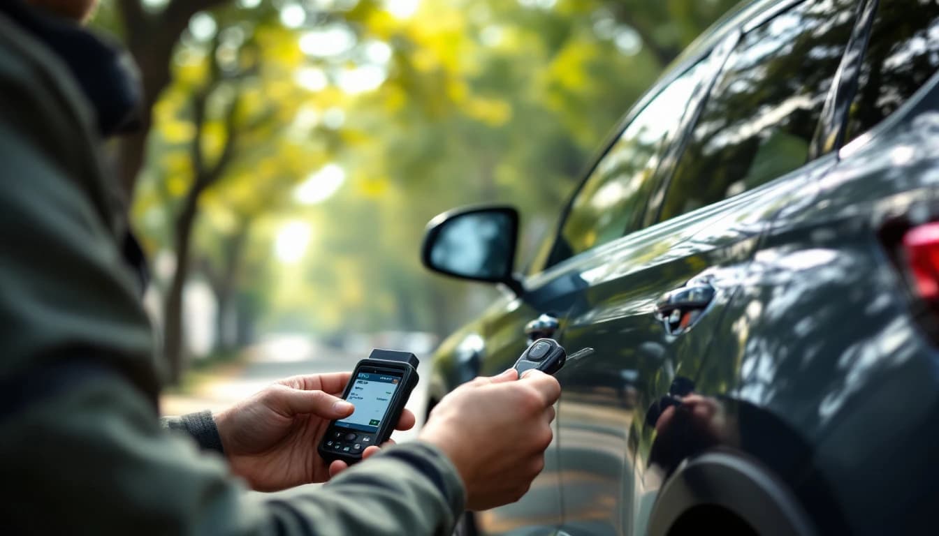 Cerrajero programando la llave de un Subaru Outback con equipo dealer-level en Fort Worth